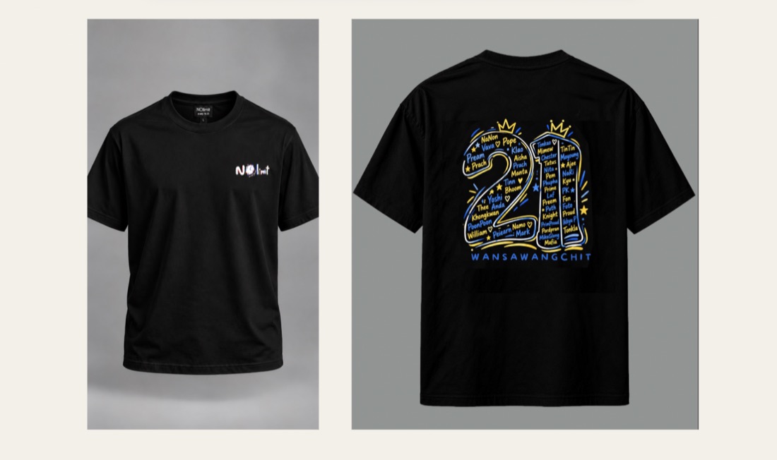 แบบเสื้อยืดสีดำ หน้าอกซ้าย NO limit หลังเลข 21 รายชื่อเด็ก WANSAWANGCHIT